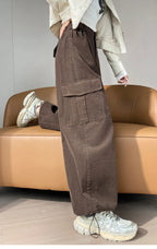 Corduroy cargo wide leg pants women in winter 2025 new high waisted loose fit slimming and ankle tied casual pants