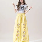 Milk yellow lace patchwork ripped jeans women's summer new high waisted drawstring star embroidered design wide leg pants