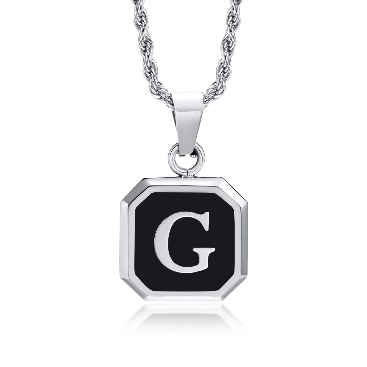 Initials Necklaces for Men Women,A-Z 26 Letters Black Square Stainless Steel Pendant Collar,45-60CM Twisted Rope Chain Gifts