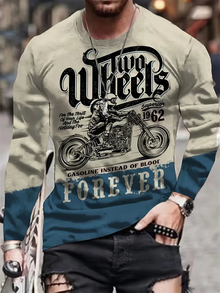 Vintage Motorcycle Print Men's Long Sleeve T-shirt Autumn Daily Head Fashion Men's Top Motorcycle Enthusiast Long Sleeve T-shirt