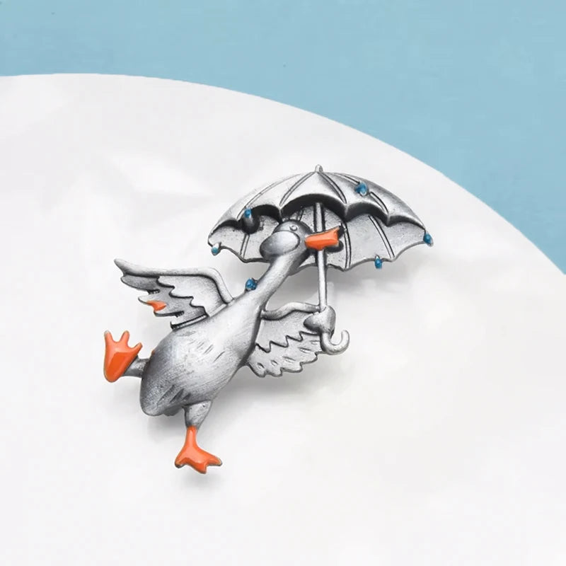 PENDRA Umbrella Duck Enamel Animal Brooch