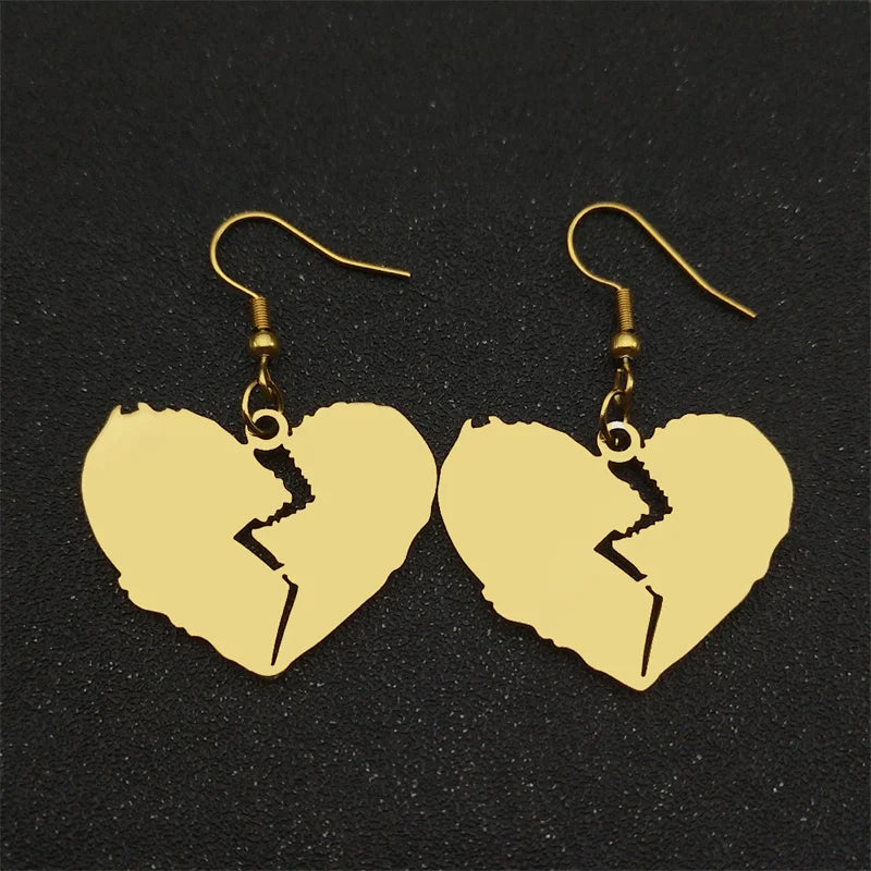 Gothic Style Broken Heart Dangle Earrings for Women Stainless Steel Gold Black Color Cool Girl Charm Party Drop Earrings Jewelry