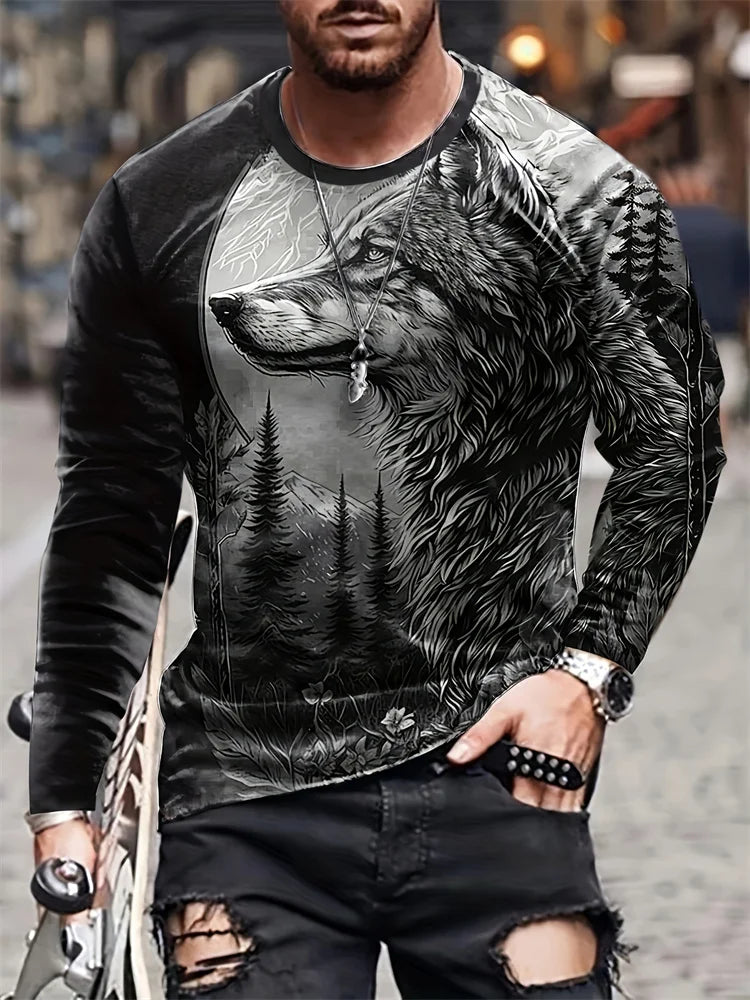 Spring And Autumn Men's Daily Casual Top Street Fashion Men's Long Sleeve T-shirt 3D Wolf Print Men's Long Sleeve T-shirt