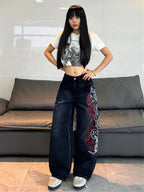 American Retro Two-Color Totem Embroidered Women's Loose Wide-Leg Jeans Y2K Trendy Street Fashion Versatile High-Waisted Trousers