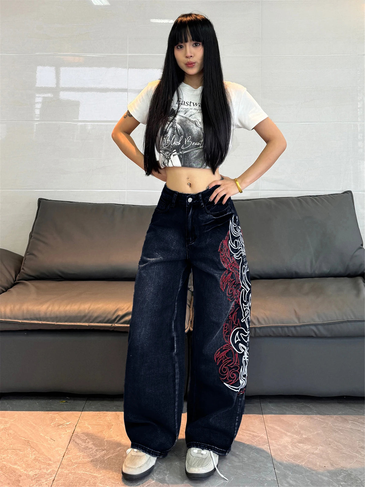 American Retro Two-Color Totem Embroidered Women's Loose Wide-Leg Jeans Y2K Trendy Street Fashion Versatile High-Waisted Trousers