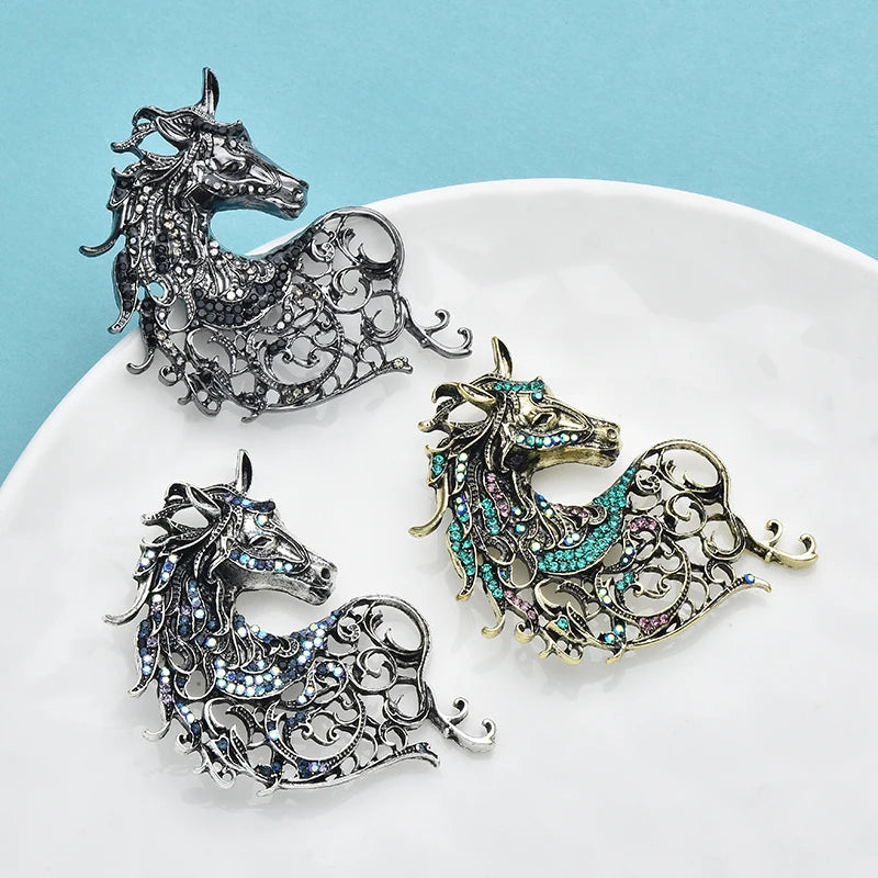 Wuli&baby Vintage Strong Horse Brooches 4-color Rhinestone Zodiac Animal Party Office Brooch Pins Gifts