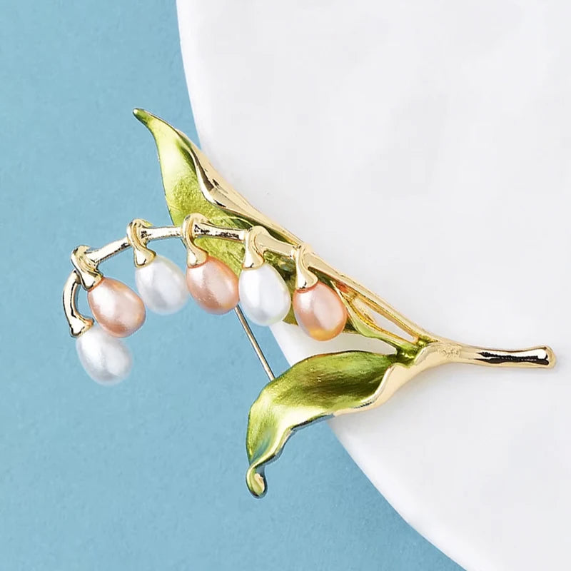 PENDRA Lilyvale Enamel Leaf and Pearl Lily Brooch