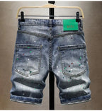 Washed Ripped Denim Men's Trendy Brand Spray Paint Medium Summer Thin Elastic Patch Bermuda Short Pants Men's Jeans Shorts
