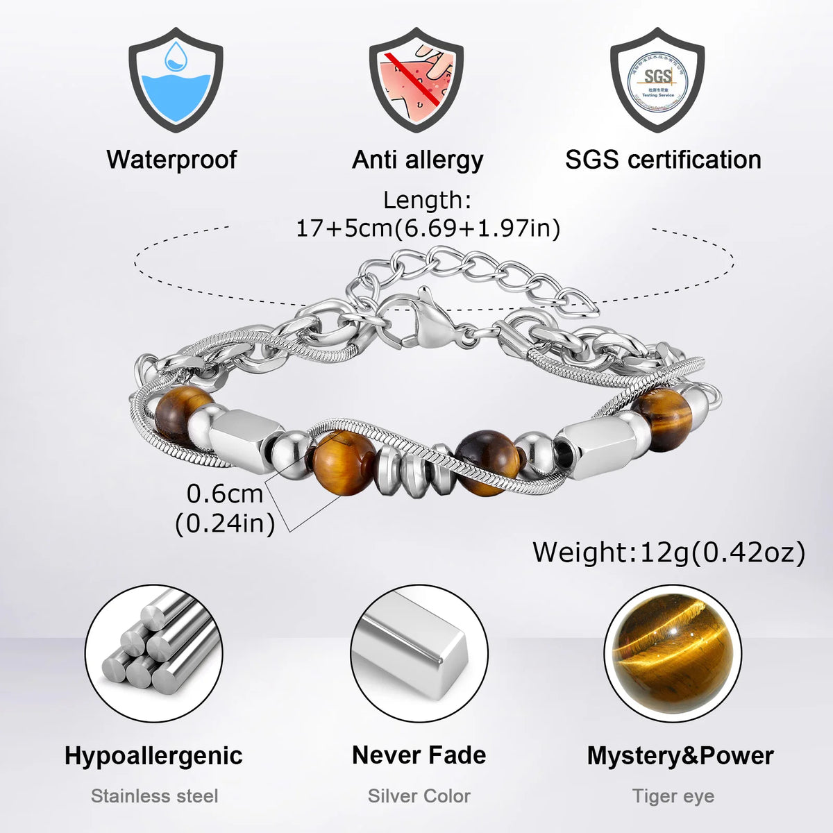 Hip Hop Natural Stone Beaded Bracelet for Men,Stainless Steel Adjustable Chain Wristband,New Stacked Jewelry Gift