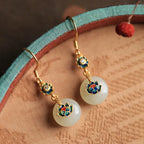 VENTFILLE Hetian Jade Ear Hook Earring Women's High-end Temperament Ethnic Style Retro Earrings Cloisonne Craft Dangler Gift