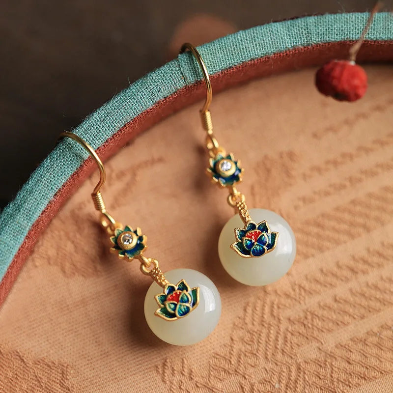 VENTFILLE Hetian Jade Ear Hook Earring Women's High-end Temperament Ethnic Style Retro Earrings Cloisonne Craft Dangler Gift