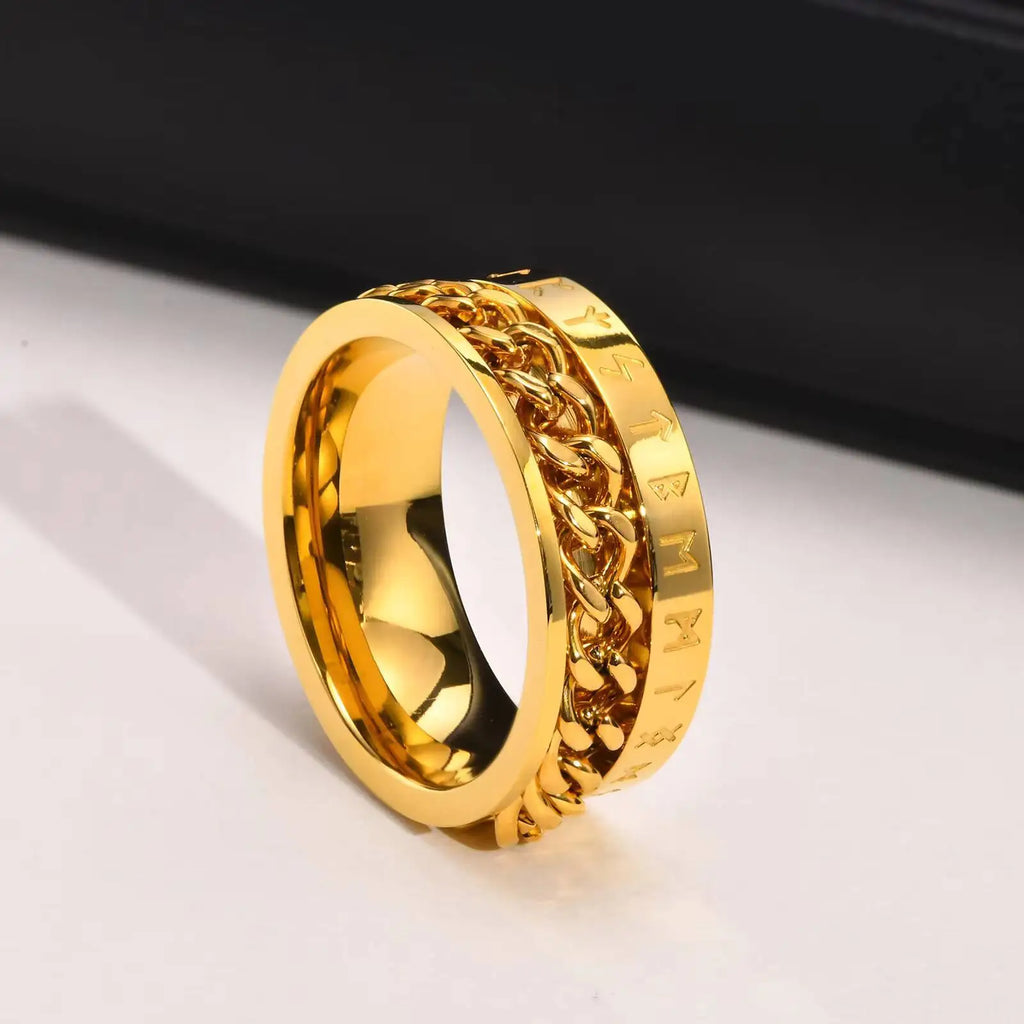 Viking Rune Chain Spinner Ring for Men,Stainless Steel Rotatable Ring,Vintage Norse Stress Relief Jewelry Gift