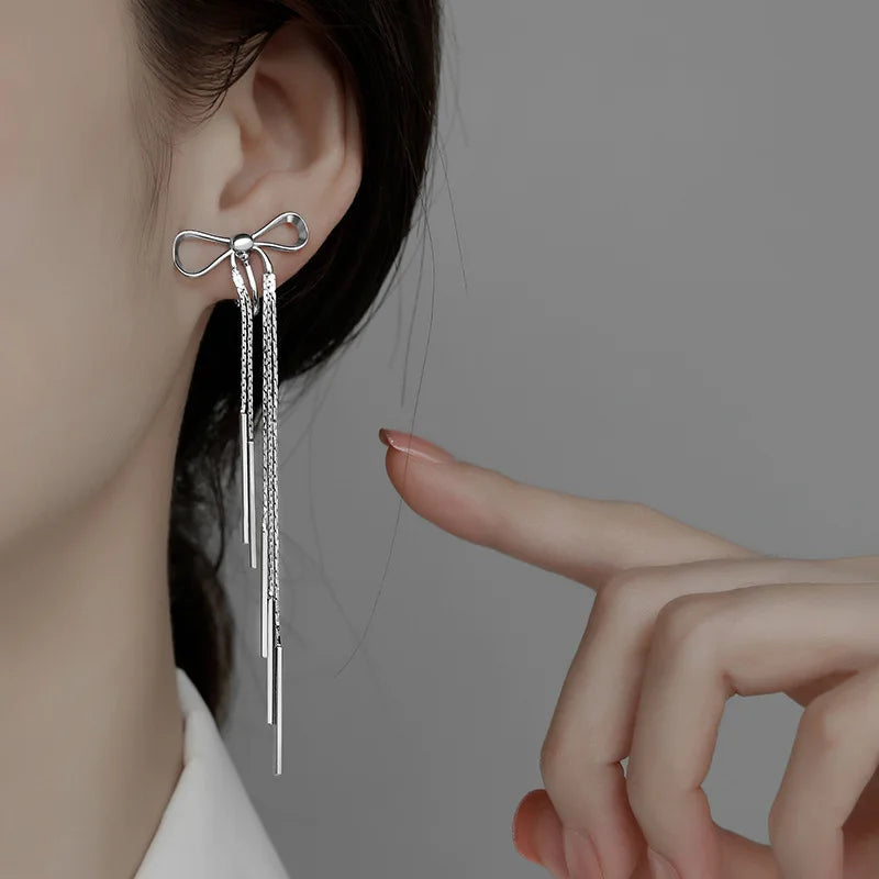 VENTFILLE 925 Sterling Silver Bowknot Clip Earring for Women Hollow Out Tassels Ins Versatile Geometry Jewelry Gift Dropshipping