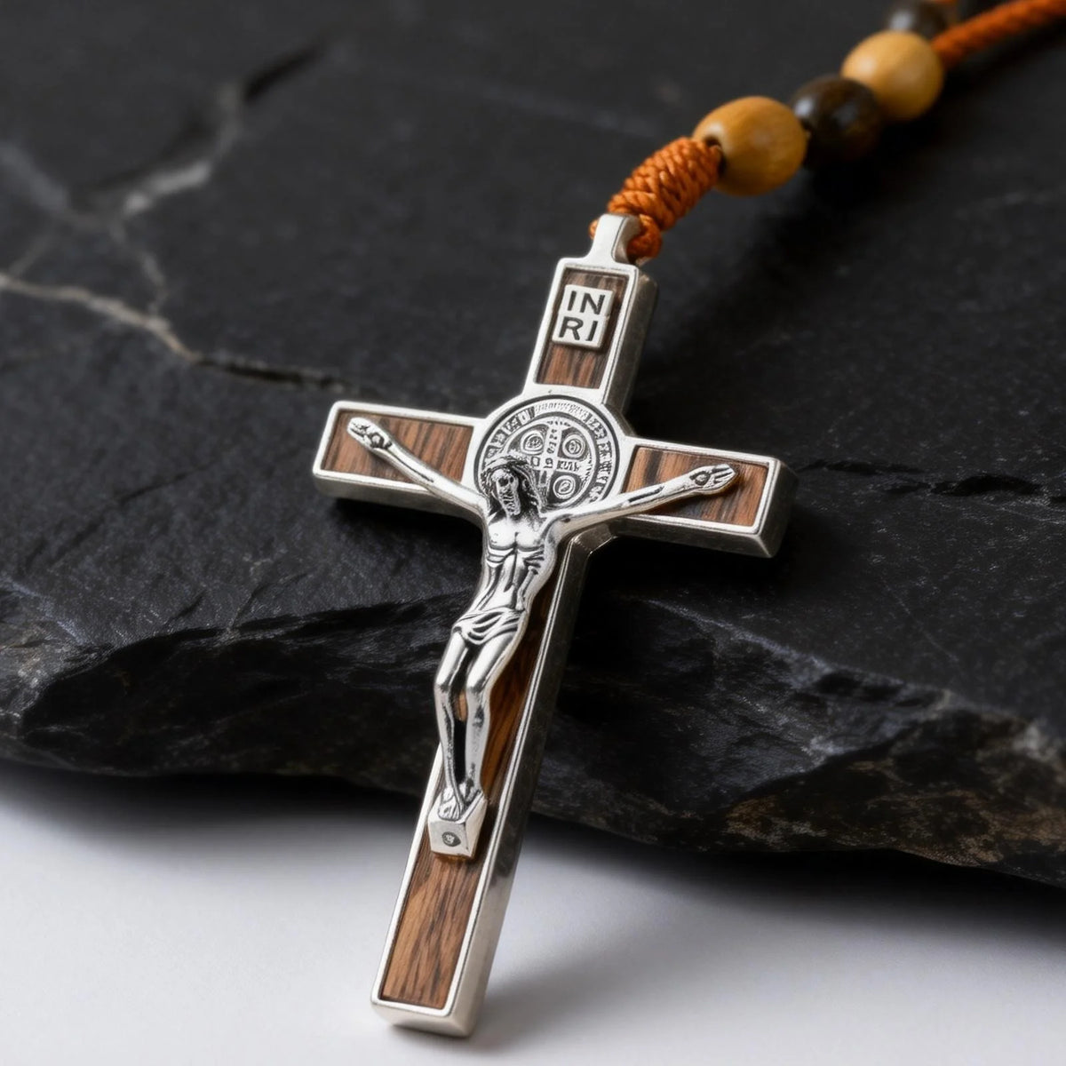 Crucifix Wooden Beaded Necklace for Men,Brown Color Y-shaped Rosary Necklace,Faith Prayer Jewelry Gift