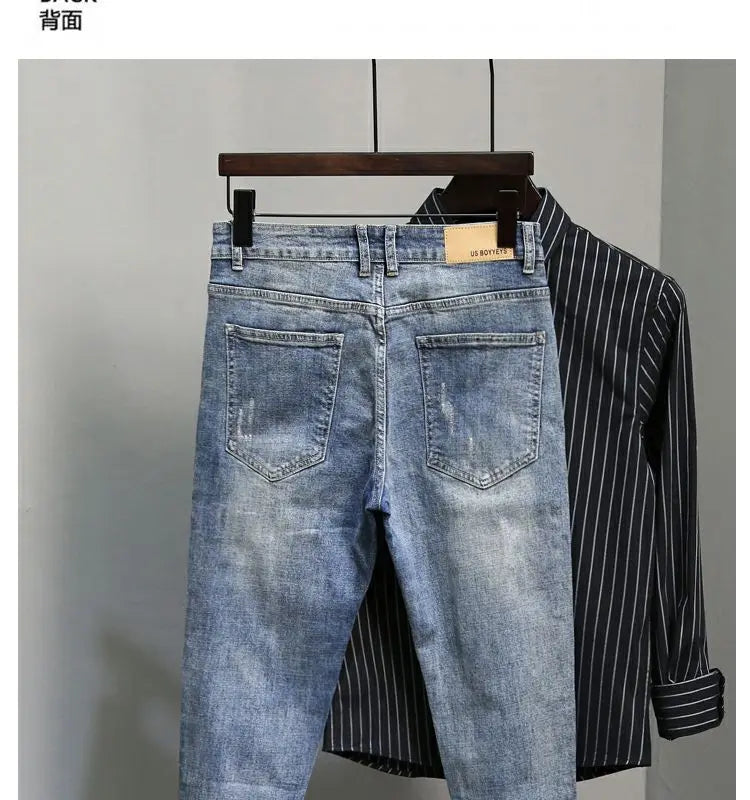 Casual Spring and Autumn Slim Denim Pencil Pants Men's Jean 2024 New Broken Hole Slim Fit Beggar Design High Street Washed Jeans