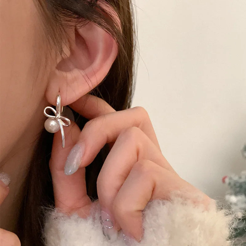 VENTFILLE 925 Sterling Silver Bow Knot Pearl Earring for Women Versatile Korean Design Gift Jewelry Dropshipping