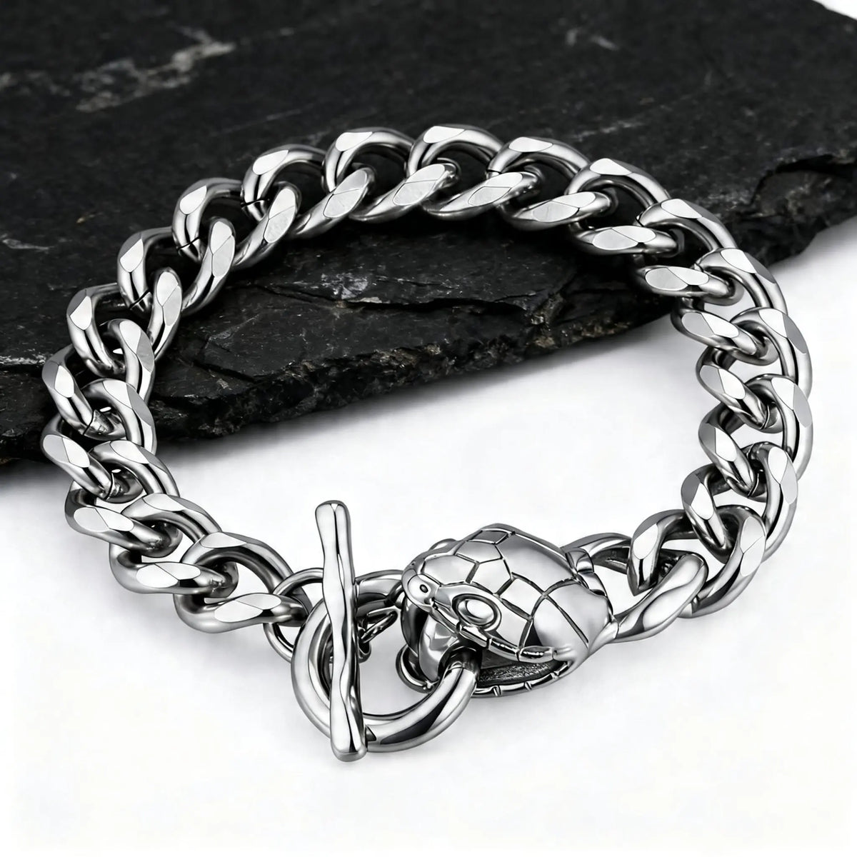 Rock Punk Men's Snake Head Chain Bracelet,11MM Stainless Steel Thick Chain Wristband,Birthday Party Gift for Him