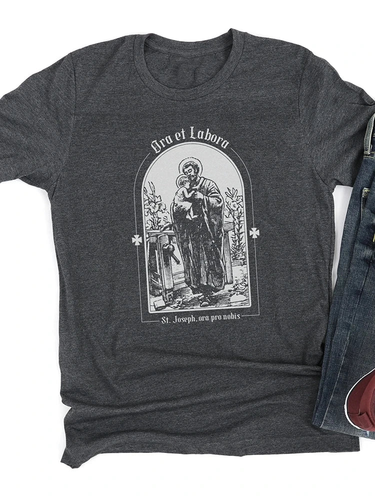 St. Joseph Tee "Ora Et Labora" Latin For "pray And Work" Men's Short Sleeve Tee Catholic T Shirts For Men Men's Casual T-shirt