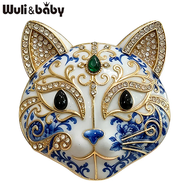 PENDRA Porcelain Cats Blue-and-White Rhinestone Brooch