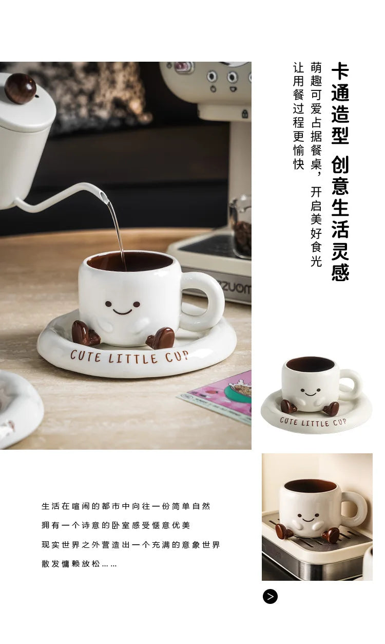 Cute Smiley Face Ceramic Coffee Mug with Saucer 3D Cartoon Design Tea Cup