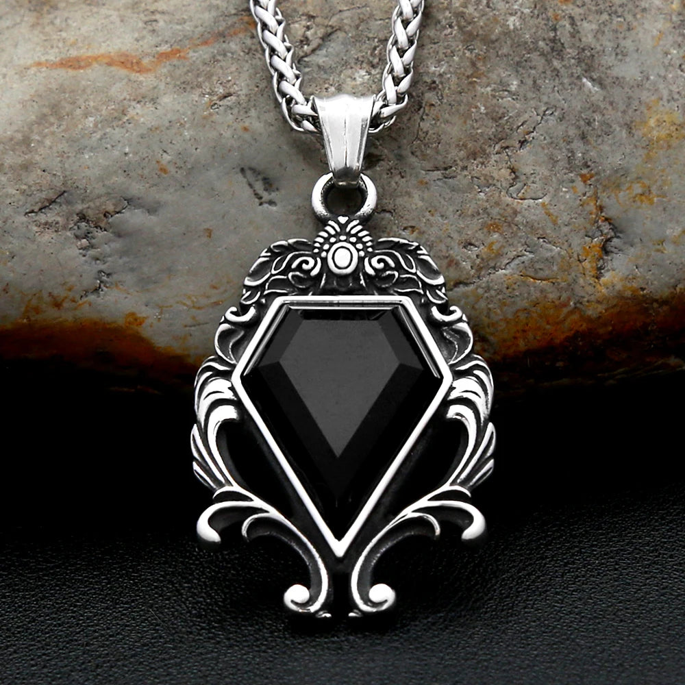 PENDRA Blackstone Vintage Stainless Steel Black Stone Necklace