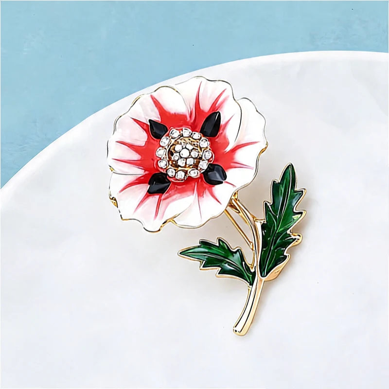 PENDRA Poppy Bloom Enamel Floral Brooch