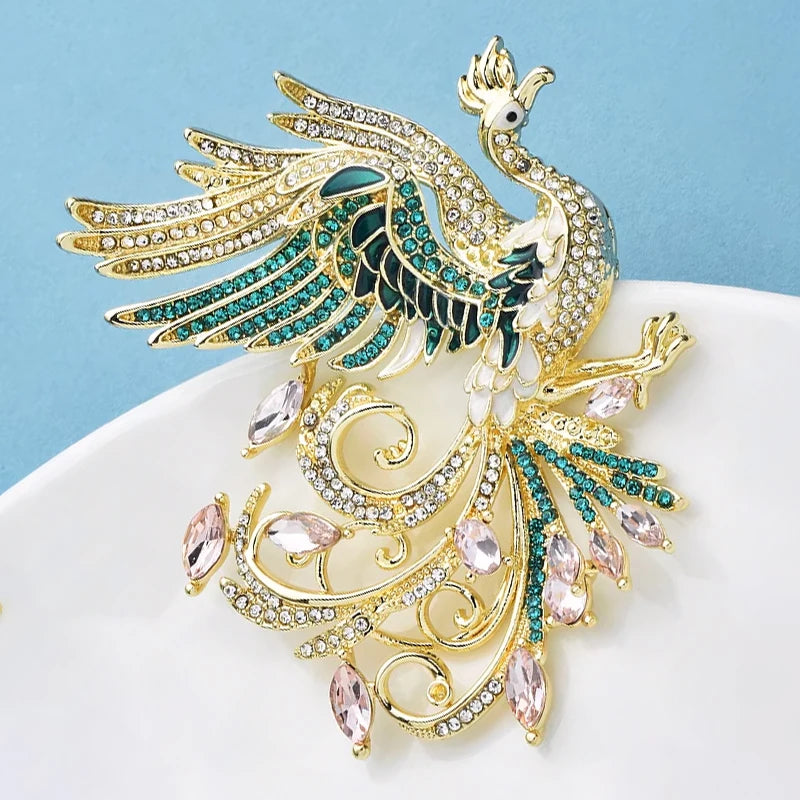 Wuli&baby Pretty Luxury Phoenix Brooches For Women Unisex Rhinestone Enamel Peacock Elf Bird Party Office Brooch Pins Gifts