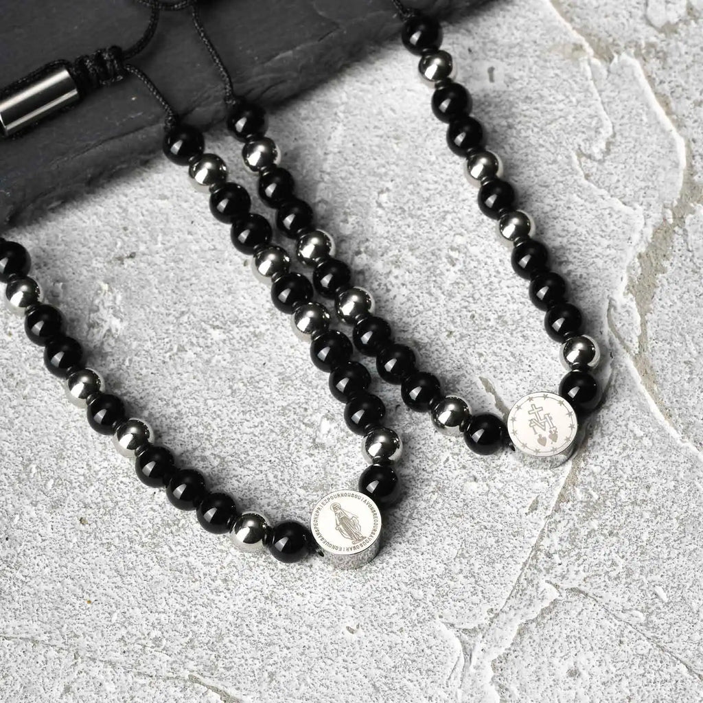 Virgin Mary Beaded Bracelets for Men Boys,Waterproof Stainless Steel Round Charms Wristband,Religious Prayer Jewelry Gift