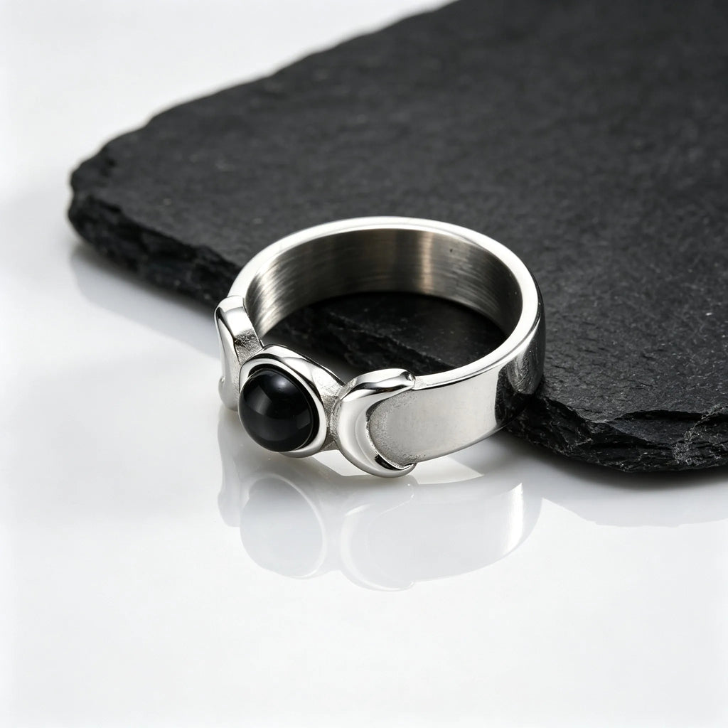 Triple Moon Goddess Ring for Men,Stainless Steel Black Onyx Stone Ring,Wicca Pagan Witchcraft Protection Amulet Finger Jewelry