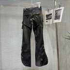 Fashion Casual Rivet PU Leather Trouesrs Women Drawstring Designe Pockets Motorcycle Black Bell-bottoms Street Flared Pants