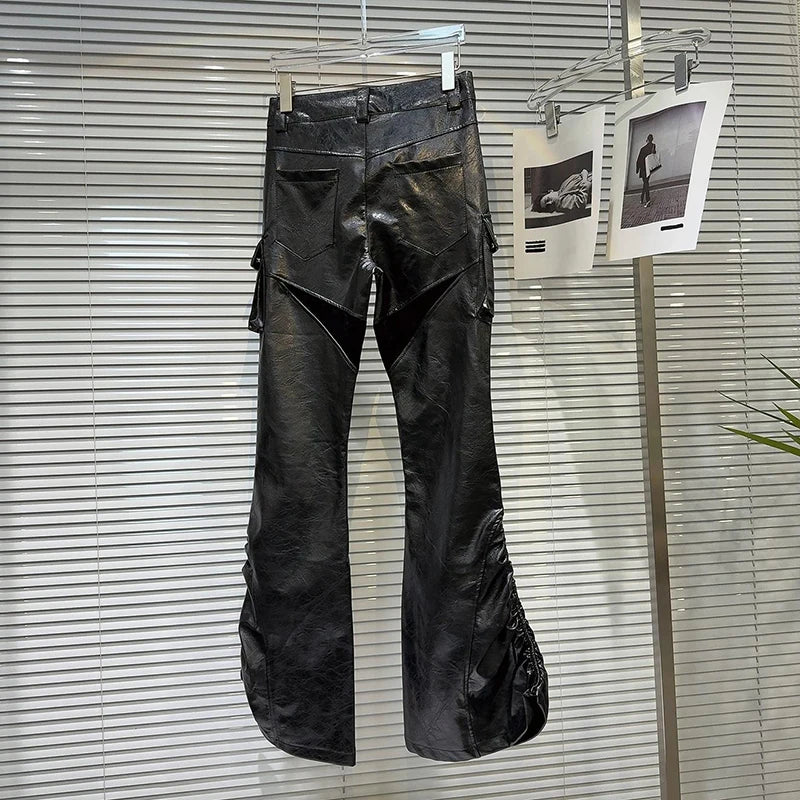 Fashion Casual Rivet PU Leather Trouesrs Women Drawstring Designe Pockets Motorcycle Black Bell-bottoms Street Flared Pants