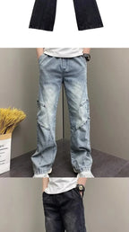 PENDRA Drawstring Elastic Waist Harlan Straight Black Cargo Hombre Jeans
