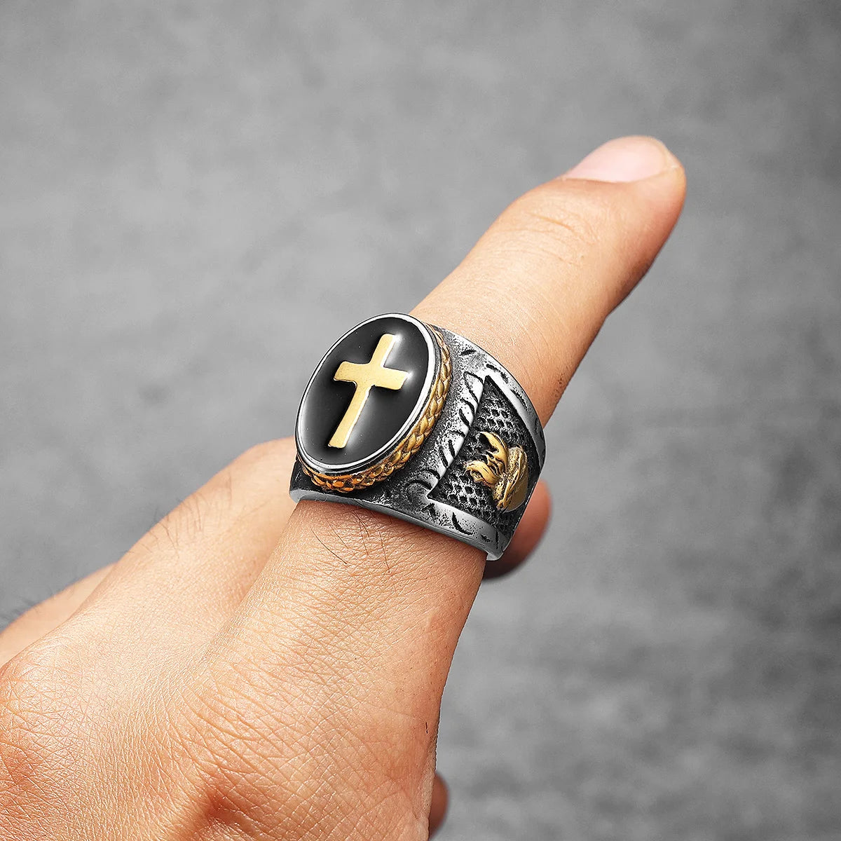PENDRA Praying Hands Cross Steel Ring