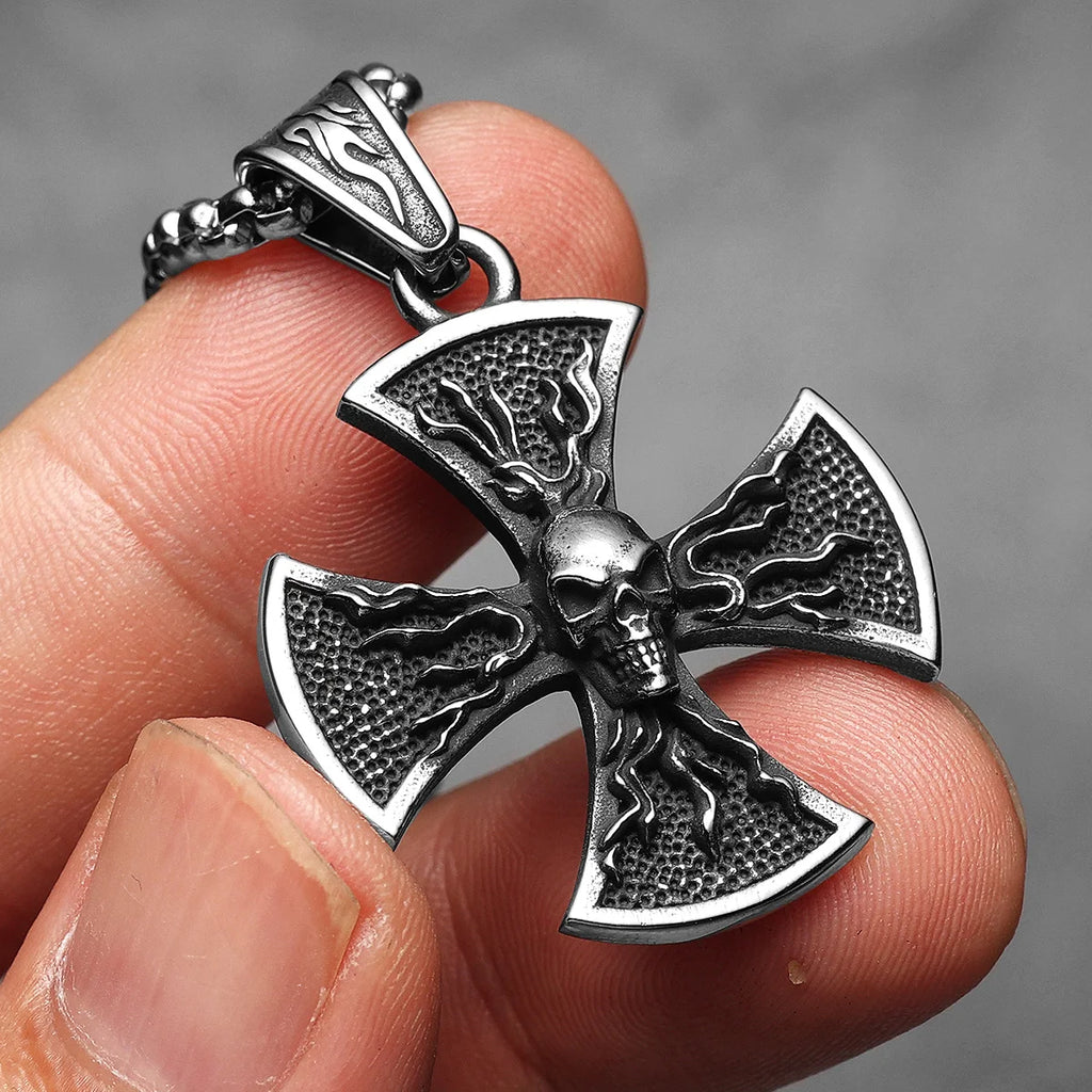 PENDRA Flame Skull Cross Steel Necklace