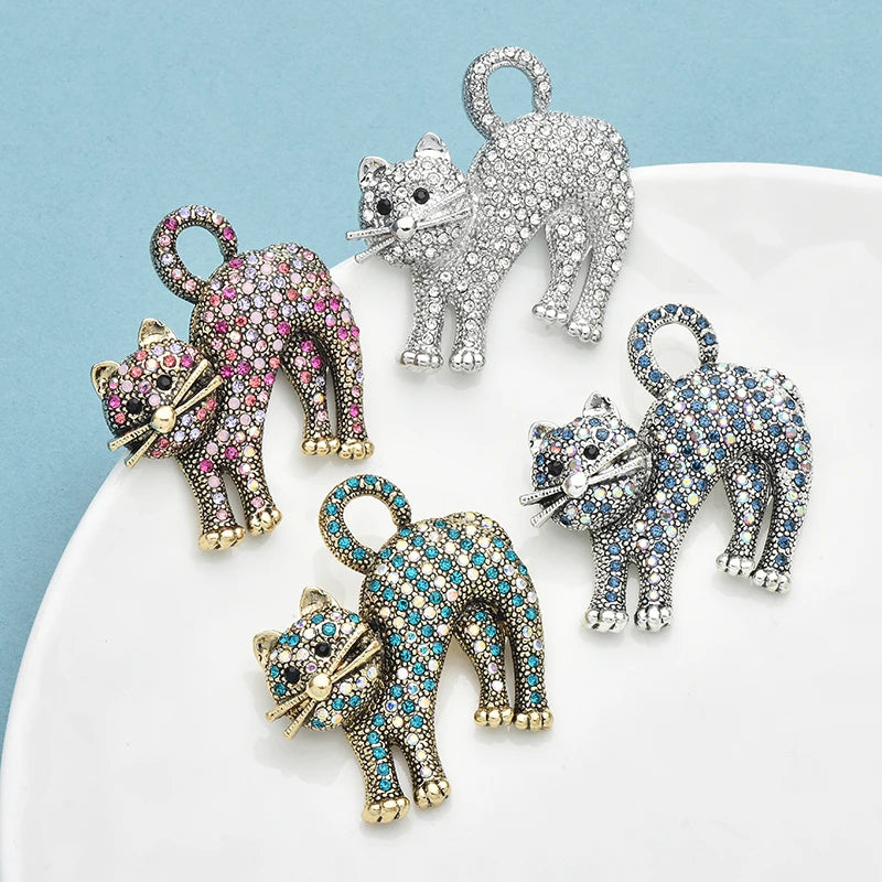 Wuli&baby Vintage Rhinestone Cat Brooches For Women 4-color Shining High Quality Pets Animal Party Office Brooch Pins Gifts