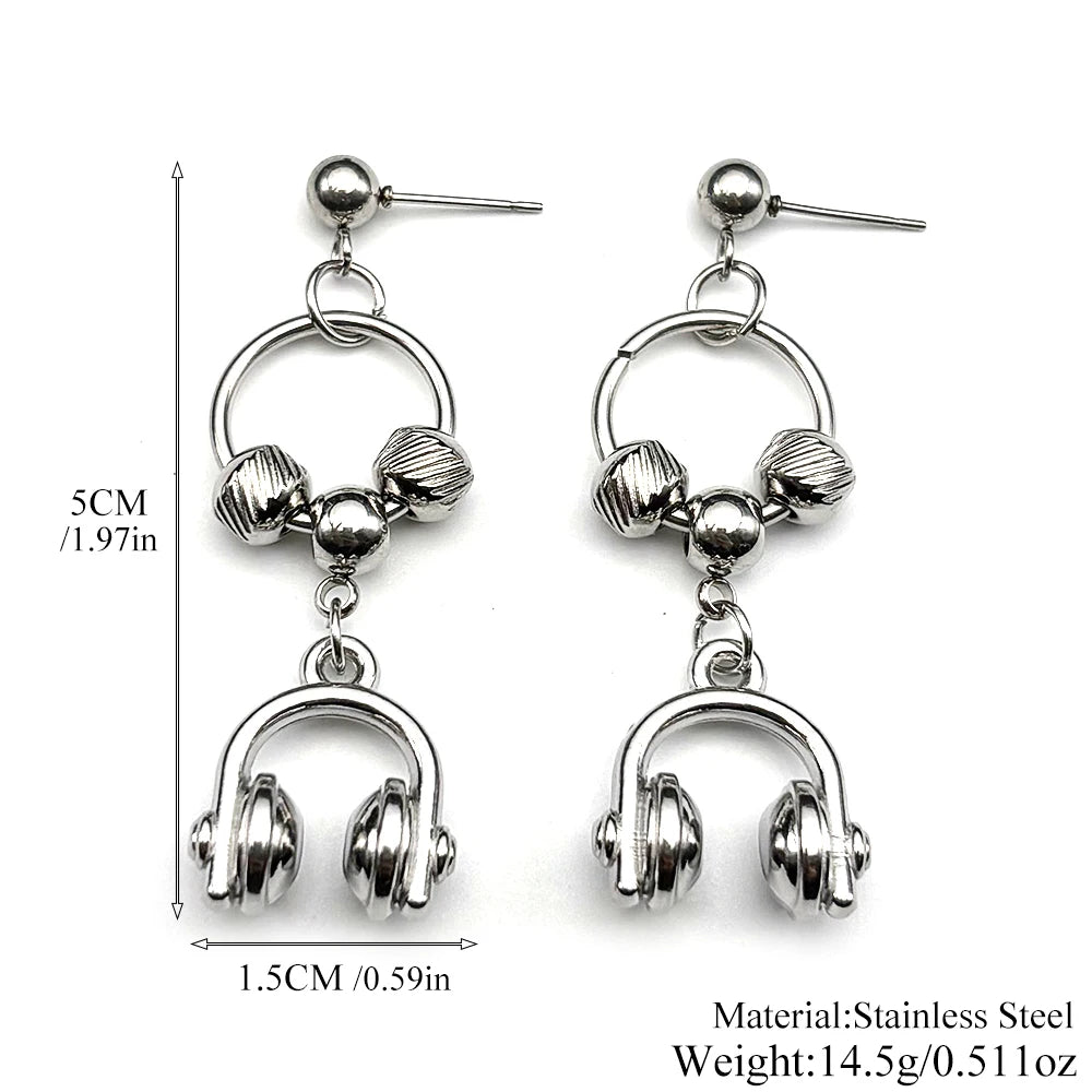 Hiphop Headset Musical Earrings Women Men Stainless Steel Silver Color Circle Dark Punk Male Y2K Drop Ear Rings Jewelry Gifts