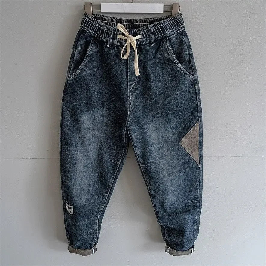 Loose Elastic Waist Denim Jeans Spring Autumn Spliced Harem Pants Men's Casual Pants 2024 Korean New Stretch Baggy Cargo Jeans