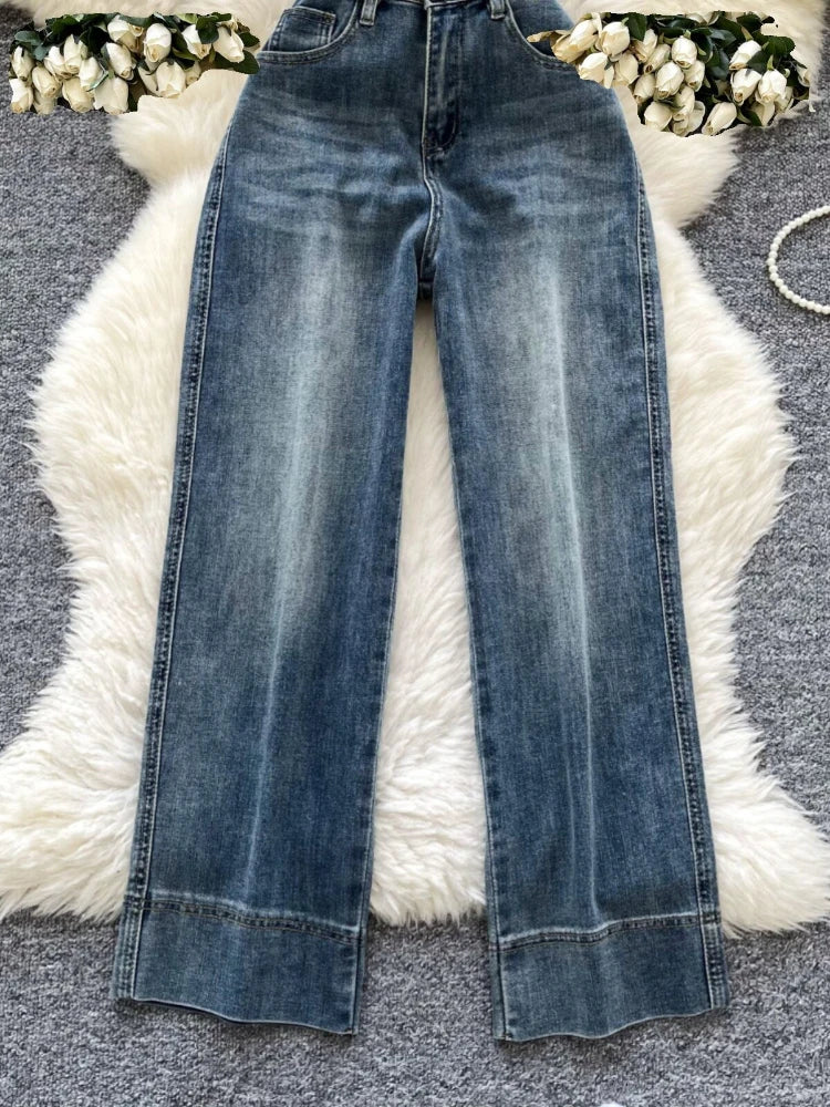 Korean style chic fashionable jeans women in 2026 spring fashion design sense spliced high waist retro nine cropped pants