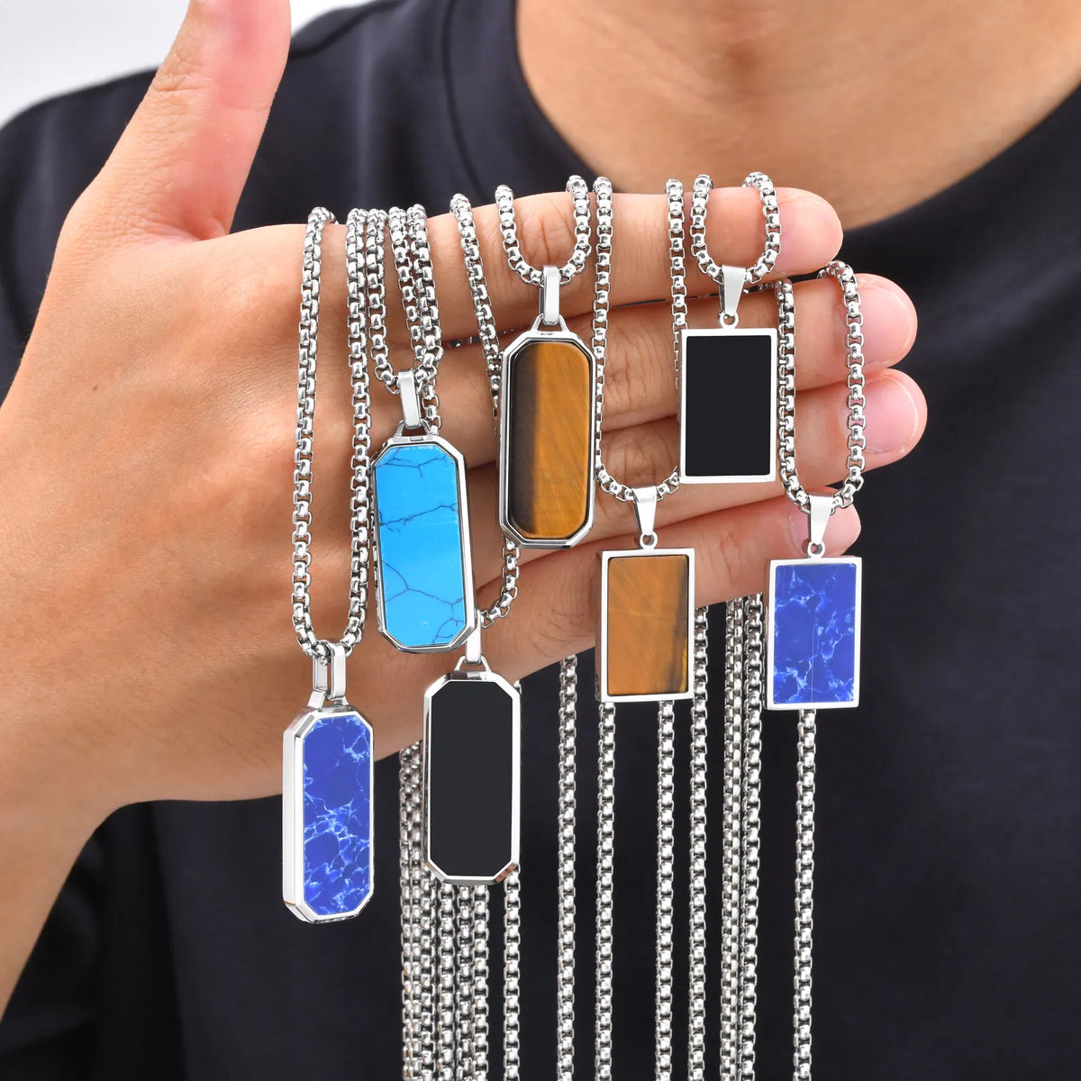 Natural Stone Square Men's Necklace,Waterproof Stainless Steel Geometric Pendant Necklace,Trendy Birthday Jewelry Gift