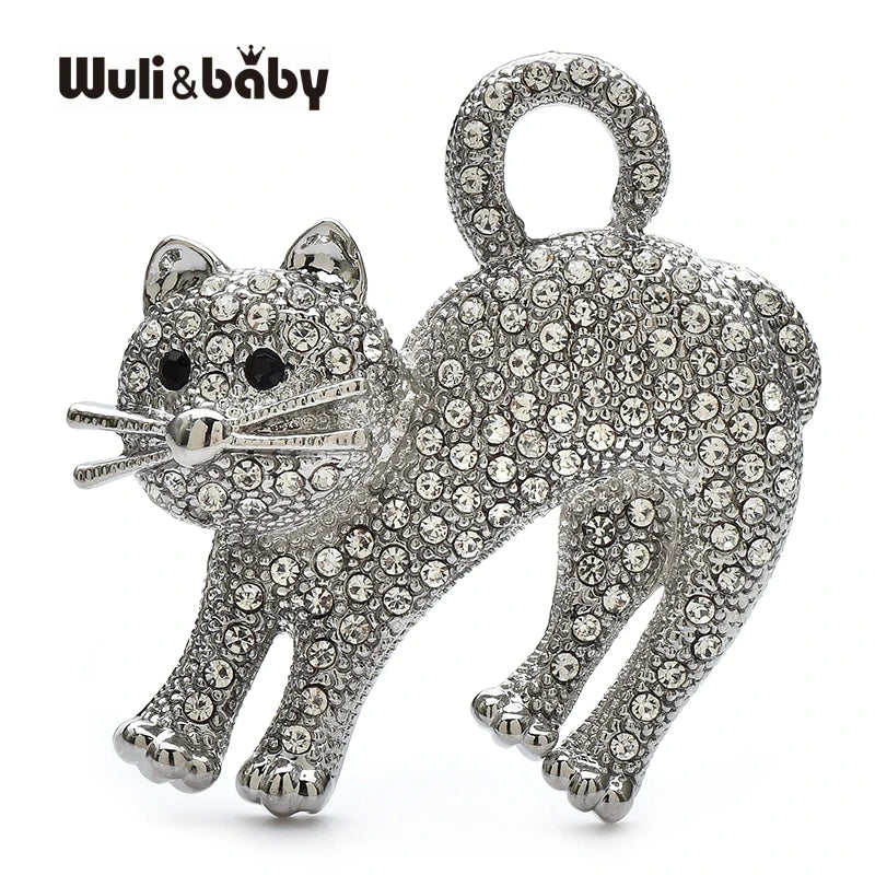 Wuli&baby Vintage Rhinestone Cat Brooches For Women 4-color Shining High Quality Pets Animal Party Office Brooch Pins Gifts