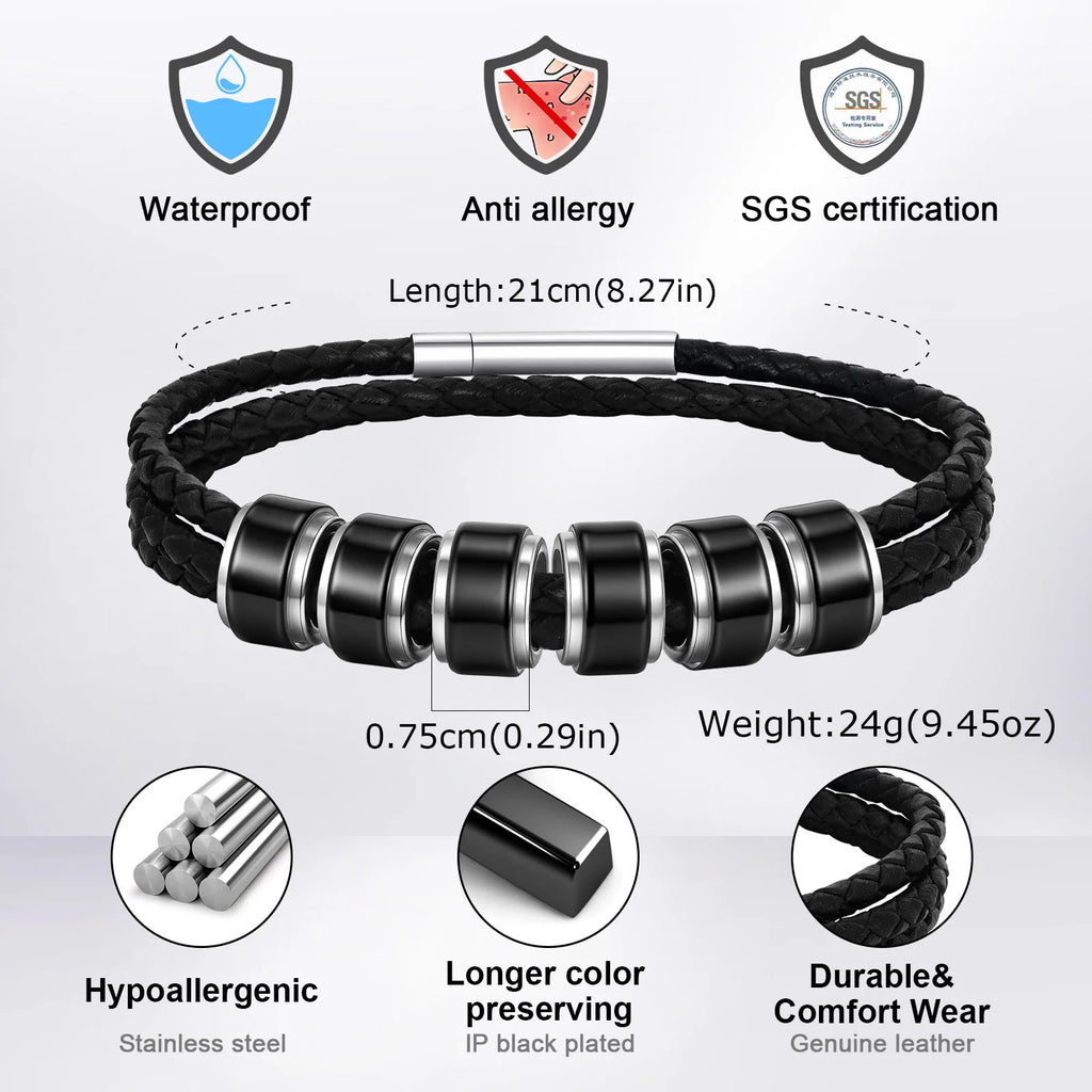 Customized Baeded Bracelets for Men Boys,3-Layers Leather Bracelet with Stainless Steel Tube,Jeweley Gift for Dad Husband