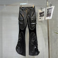 Fashion Casual Rivet PU Leather Trouesrs Women Drawstring Designe Pockets Motorcycle Black Bell-bottoms Street Flared Pants