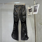 Fashion Casual Rivet PU Leather Trouesrs Women Drawstring Designe Pockets Motorcycle Black Bell-bottoms Street Flared Pants