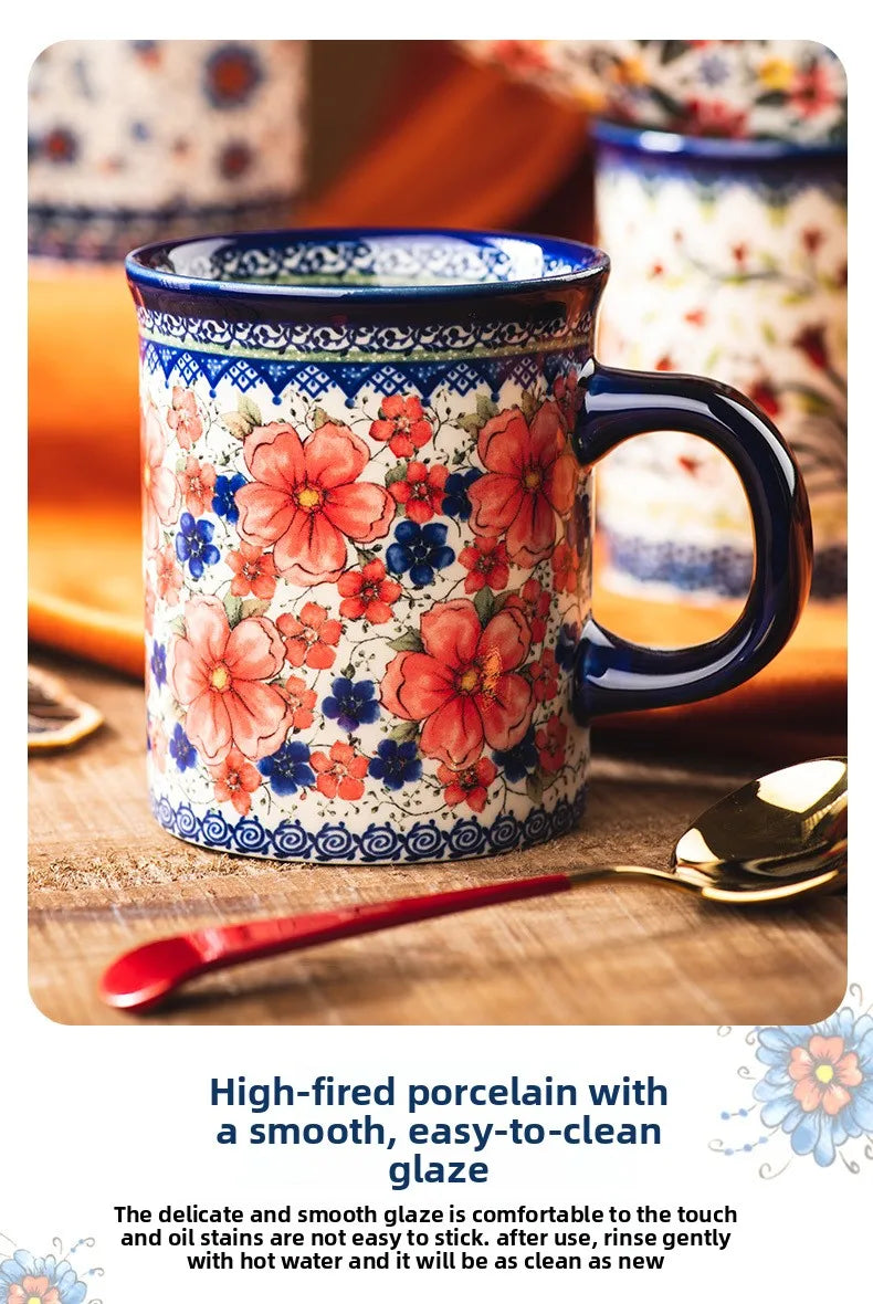 Bohemian Handmade Floral Ceramic Coffee Mug, Retro Pattern Porcelain Cup, Aesthetic Tea Mug for Latte, Cute Drinkware Gift