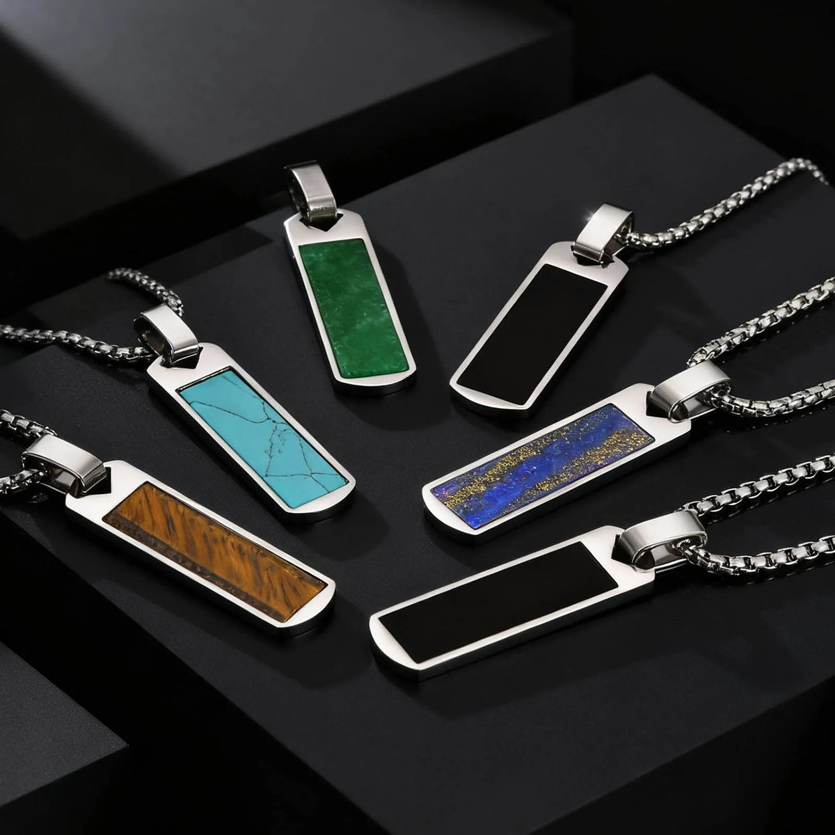 Natural Stone Healing Necklaces for Men,Stainless Steel Rectangular Pendant Necklace,Trendy Hip Hop Birthday Jewelry Gift