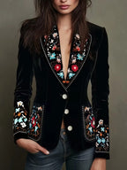 New Women's Retro Floral Embroidered Single-breasted Peak Lapel Slim-fit Blazer, Suitable for Parties, Banquets and Other Occasions.