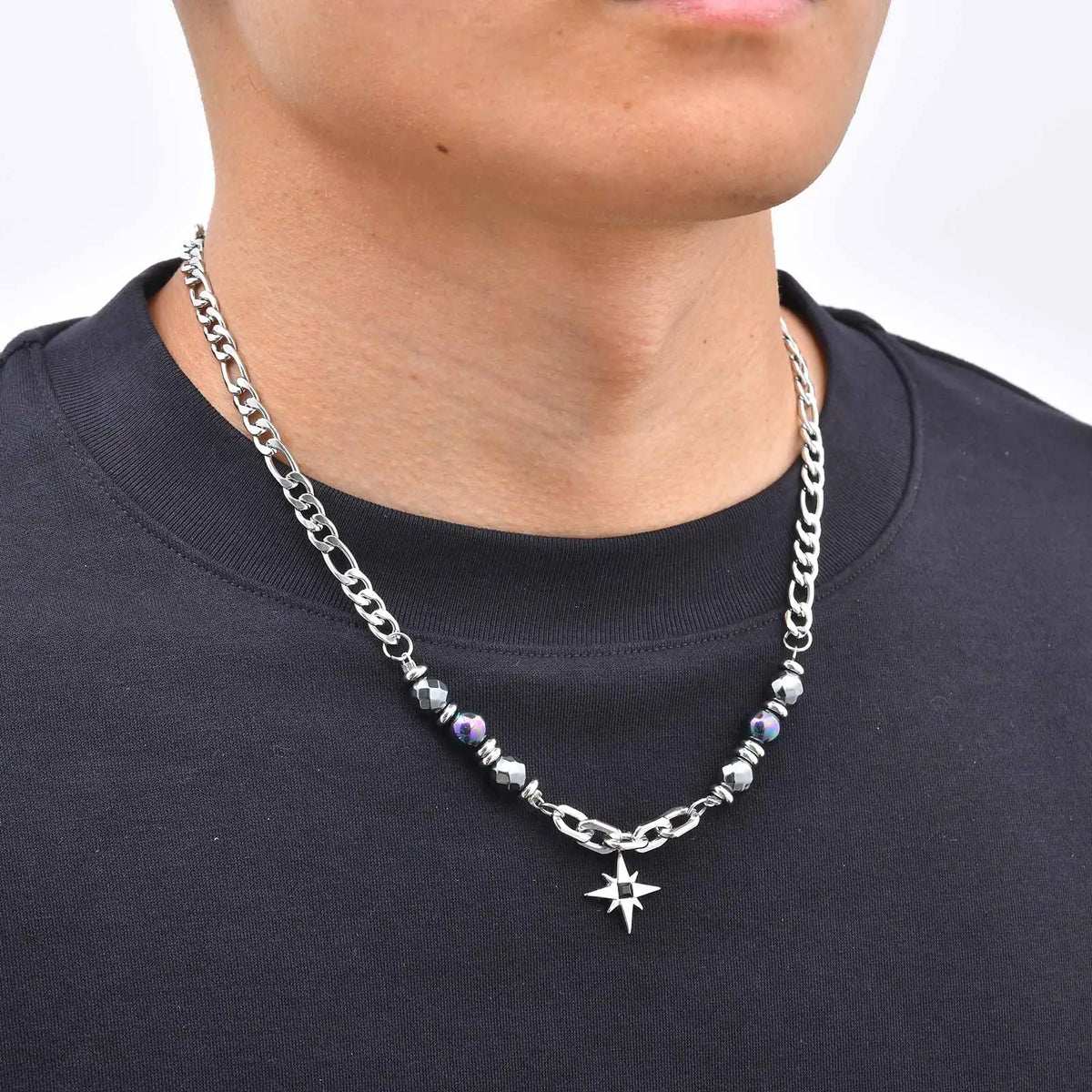 Hiphop Star Cross Chain Necklaces for Men Boys,Stainless Steel Punk Double Layers Chain Collars,Unisex Jewelry