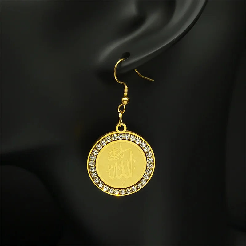 Muslim Islamic Religious Crystal Hoop Earrings For Women Men Stainless Steel Gold Color Islam Quran Allah Earring Arabic Jewelry