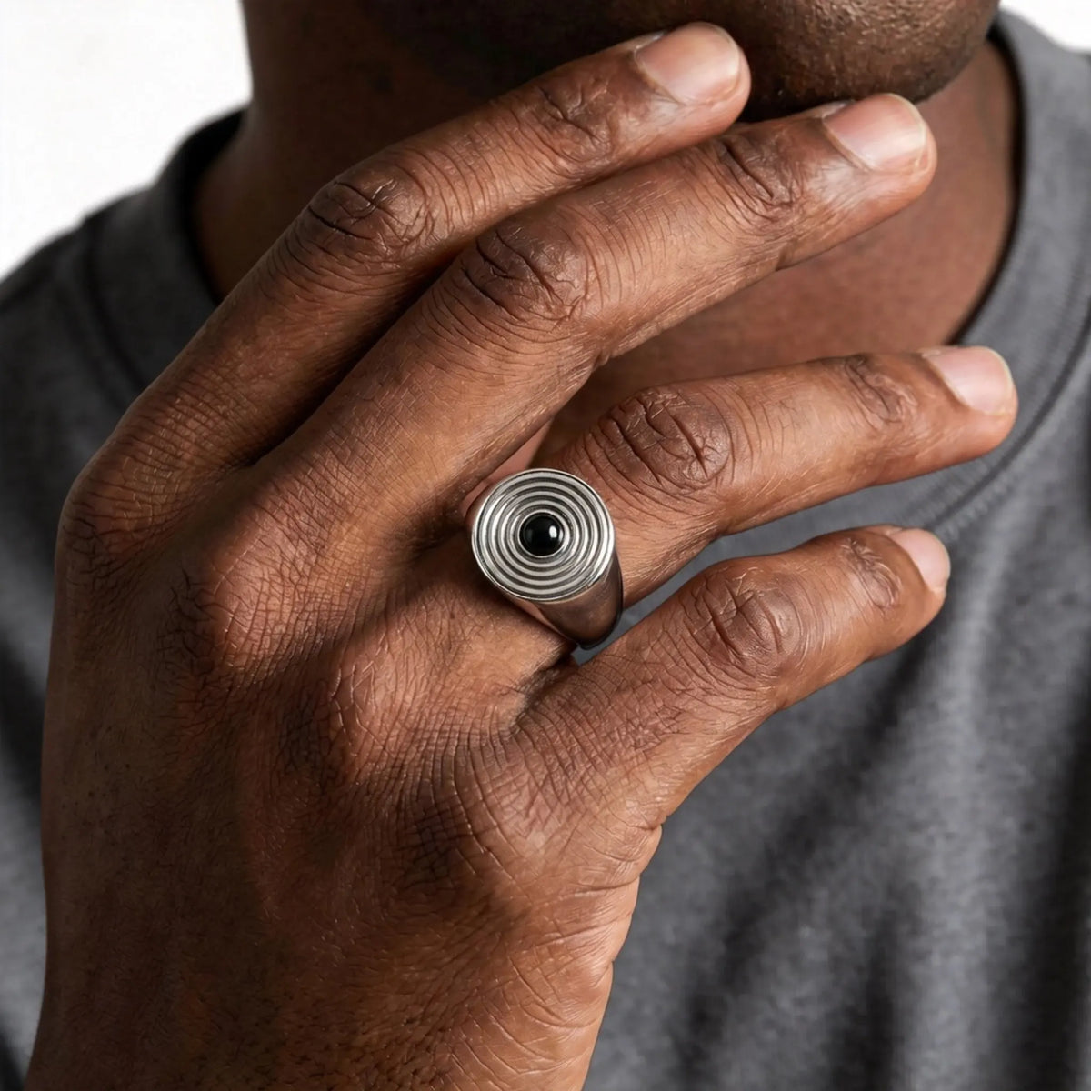 Men's Stainless Steel Signet Ring,Vintage Natural Stone Black Onyx Round Ring,Daily Wear Jewelry Gift