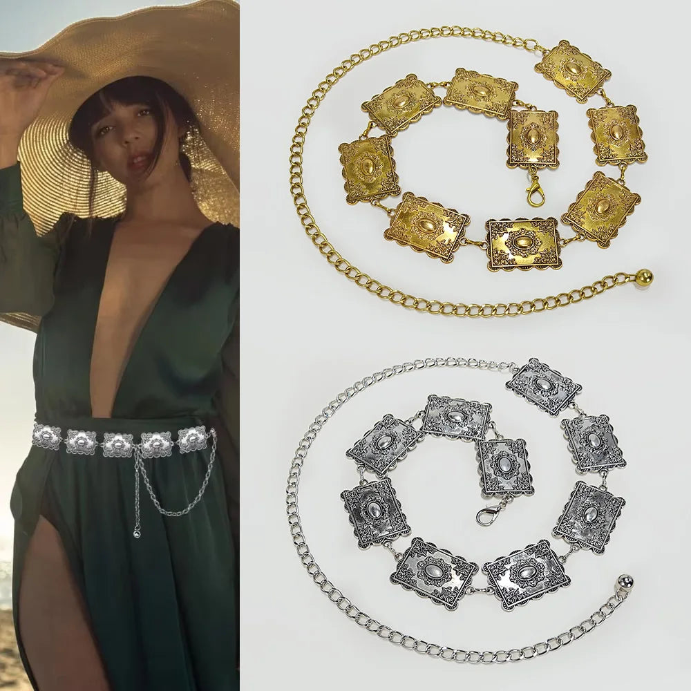 Vintage rectangle Craved Metal Waist Chain for Women Western Cowboy High Quality Luxury Designer Exquisite Golden Chain Belt